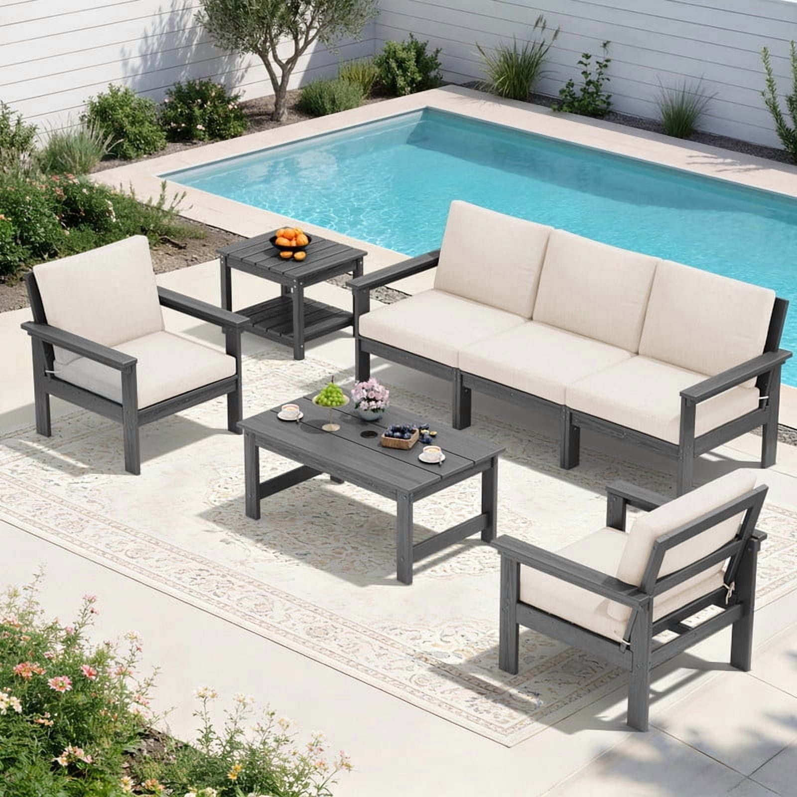 FUNDAZE Oversize 5 Pieces Patio Furniture Sets, Waterproof HDPE Frame Outdoor Conversation Sets Perfect for Patio, Poolside & Backyard, Grey Frame with Khaki Cushion