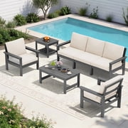 FUNDAZE Oversize 5 Pieces Patio Furniture Sets, Waterproof HDPE Frame Outdoor Conversation Sets Perfect for Patio, Poolside &amp; Backyard, Grey Frame with Khaki Cushion