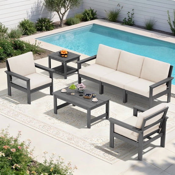 FUNDAZE Oversize 5 Pieces Patio Furniture Sets, Waterproof HDPE Frame Outdoor Conversation Sets Perfect for Patio, Poolside & Backyard, Grey Frame with Khaki Cushion