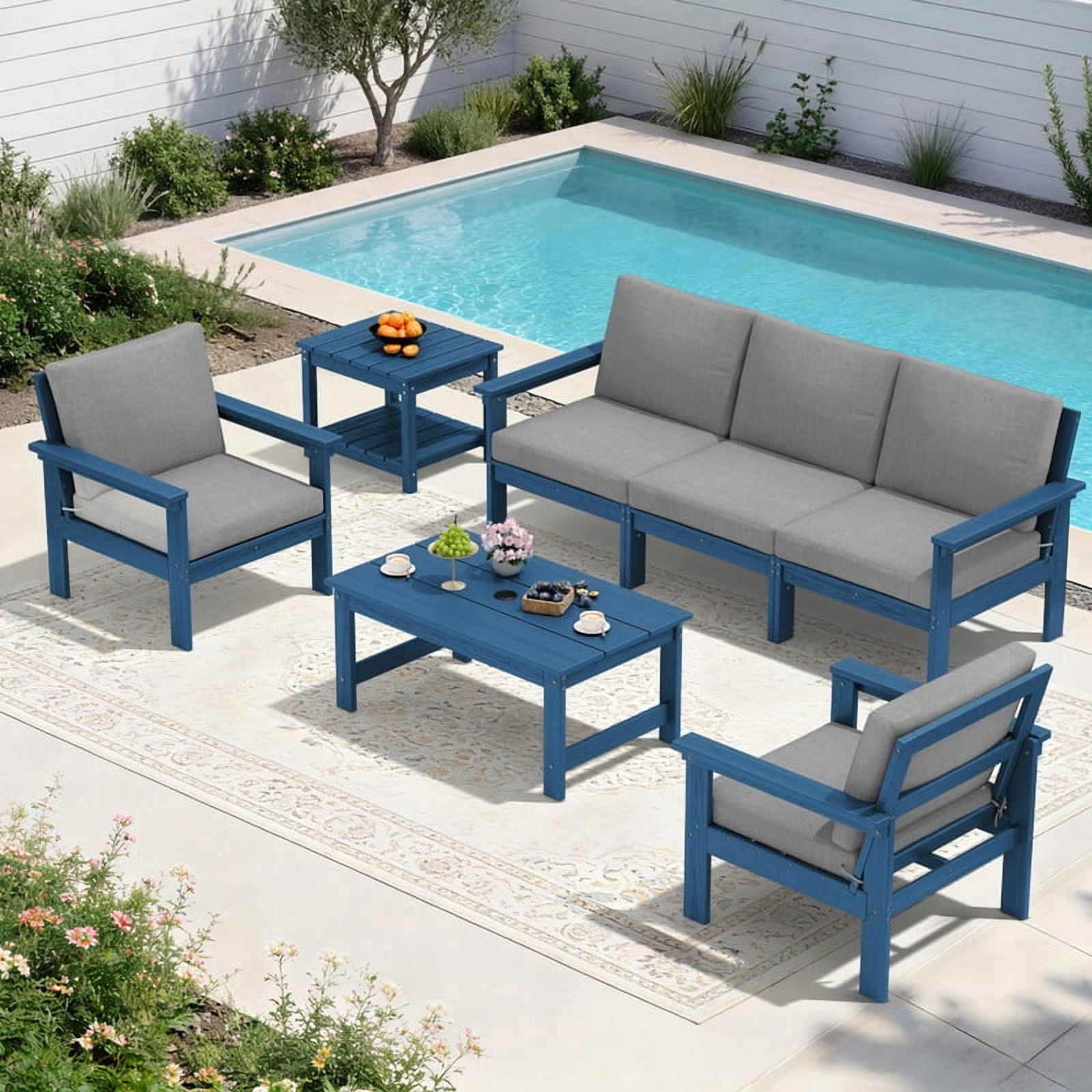 FUNDAZE Oversize 5 Pieces Patio Furniture Sets, Waterproof HDPE Frame Outdoor Conversation Sets Perfect for Patio, Poolside & Backyard, Navy Frame with Gray Cushion