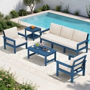 FUNDAZE Oversize 5 Pieces Patio Furniture Sets, Waterproof HDPE Frame Outdoor Conversation Sets Perfect for Patio, Poolside & Backyard, Navy Frame with Khaki Cu