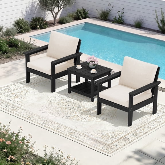 FUNDAZE Oversized HDPE Patio Furniture Sets, 2-Seater With Double-tier Table Outdoor Conversation Set | For Patio, Poolside, Backyard Use, Black Frame with Khaki Cushion