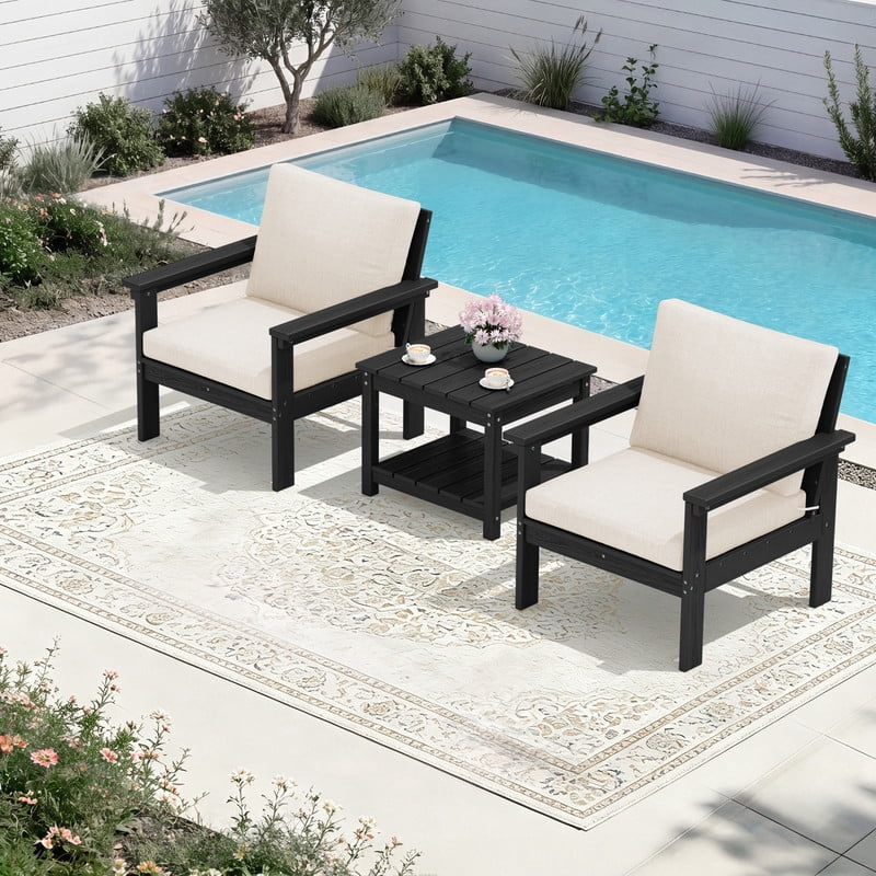 FUNDAZE Oversized HDPE Patio Furniture Sets, 2-Seater With Double-tier Table Outdoor Conversation Set | For Patio, Poolside, Backyard Use, Black Frame with Khaki Cushion