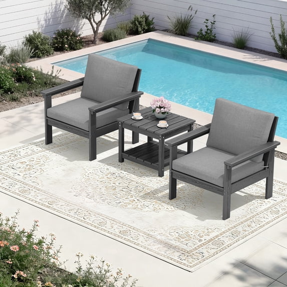 FUNDAZE Oversized HDPE Patio Furniture Sets, 2-Seater With Double-tier Table Outdoor Conversation Set | For Patio, Poolside, Backyard Use, Grey Frame with Gray Cushion