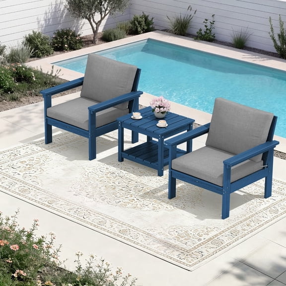 FUNDAZE Oversized HDPE Patio Furniture Sets, 2-Seater With Double-tier Table Outdoor Conversation Set | For Patio, Poolside, Backyard Use, Navy Frame with Gray Cushion