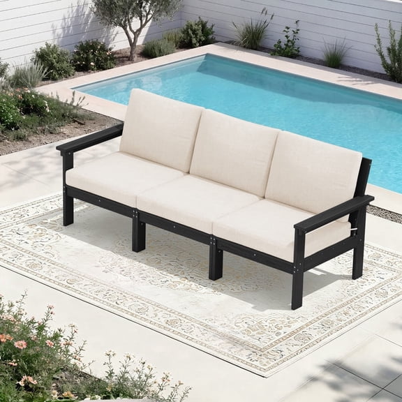 FUNDAZE Oversized HDPE Patio Furniture Sets, 3-Seater Outdoor Conversation Set | For Patio, Poolside, Backyard Use, Black Frame with Khaki Cushion
