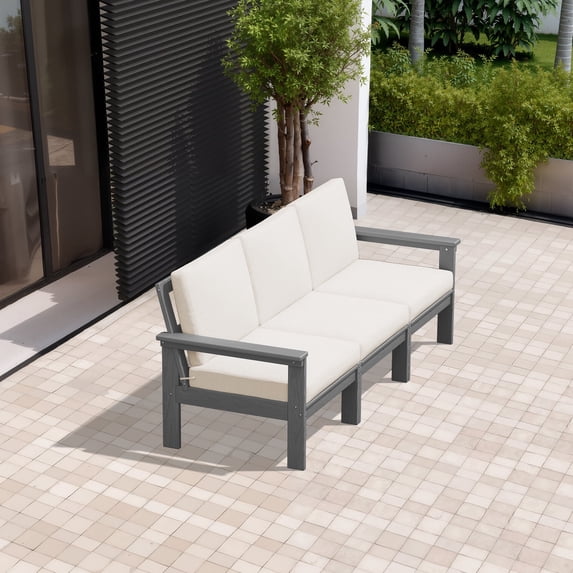 FUNDAZE Oversized HDPE Patio Furniture Sets, 3-Seater Outdoor Conversation Set | For Patio, Poolside, Backyard Use, Grey Frame with Khaki Cushion