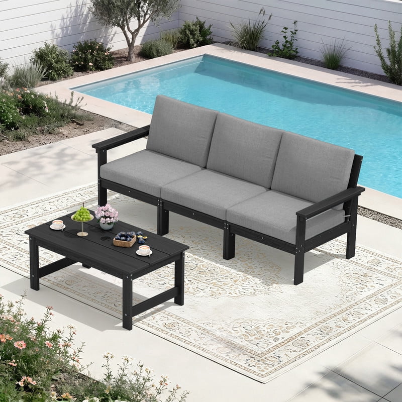 FUNDAZE Oversized HDPE Patio Furniture Sets, 3-Seater with a coffee table Outdoor Conversation Set | For Patio, Poolside, Backyard Use, Black Frame with Gray Cushion
