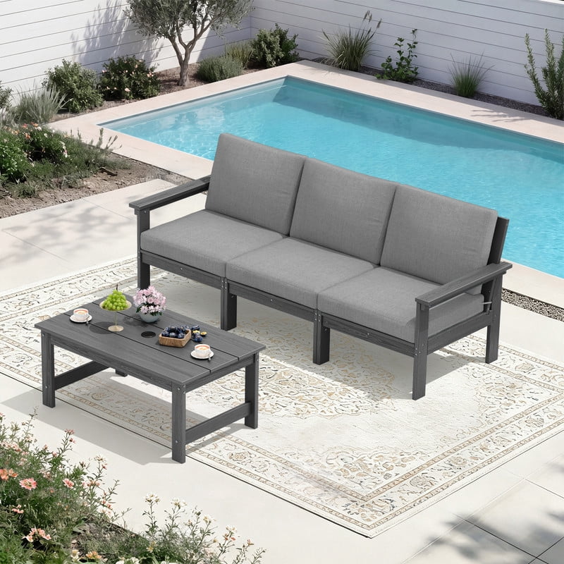 FUNDAZE Oversized HDPE Patio Furniture Sets, 3-Seater with a coffee table Outdoor Conversation Set | For Patio, Poolside, Backyard Use, Grey Frame with Gray Cushion