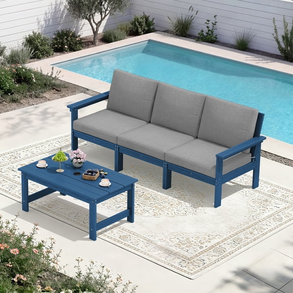 FUNDAZE Oversized HDPE Patio Furniture Sets, 3-Seater with a coffee table Outdoor Conversation Set | For Patio, Poolside, Backyard Use, Navy Frame with Gray Cushion