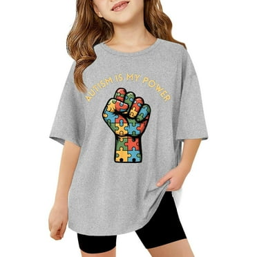 FUNDUFI Autism Awareness Shirt For Kids Short Sleeve Casual Letter Prints Tee Shirts Soft Loose Autism Awareness Shirt For Kids Lovely Child's Dailywear