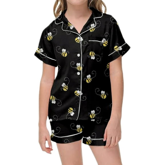 FUNDUFI Baby Girls Colthes Set Short Sleeve Cartoon Bee Printed Pajamas Stretchy Shorts 2Pcs Pjs Clothes Set Soft Loose Homewear Outfit Sets 2-3 Years