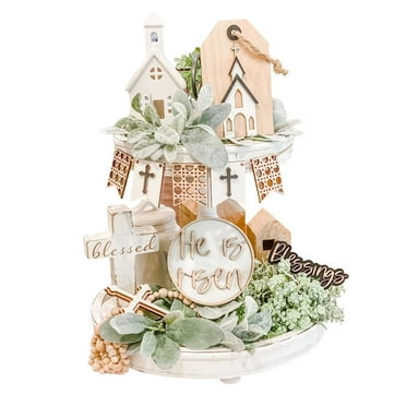 FUNDUFI Easter Tabletop Decoration Vintage Farmhouse Wooden Two Tiered Tray With Round Metal Handle Modern Easter 2-Tier Food Presentation Serving Tray For Home Party Decor