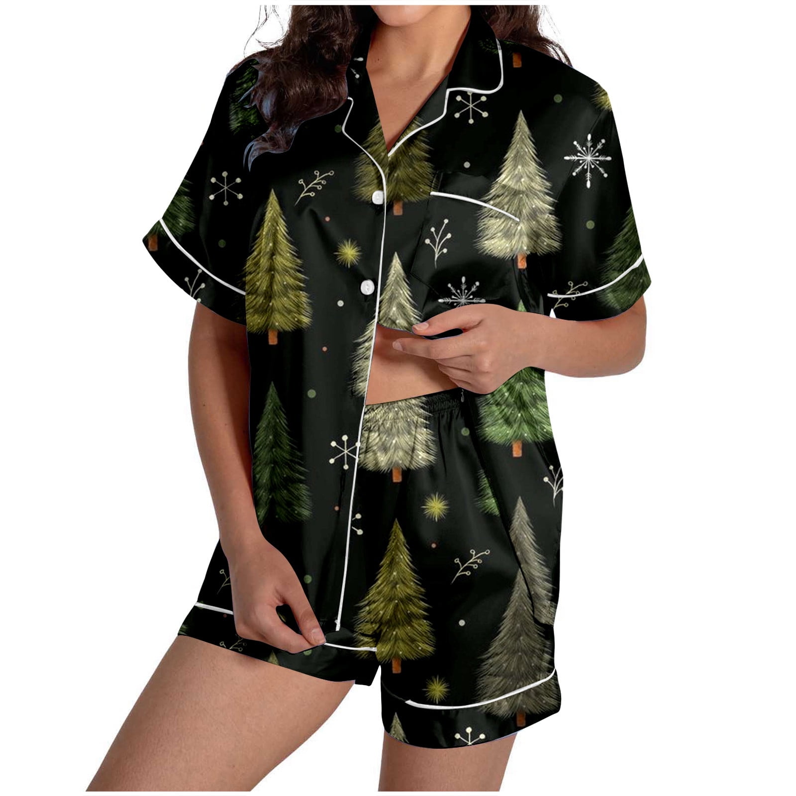 FUNDUFI Ladies Christmas Christmas Tree Printed Silk Satin Short Sleeve