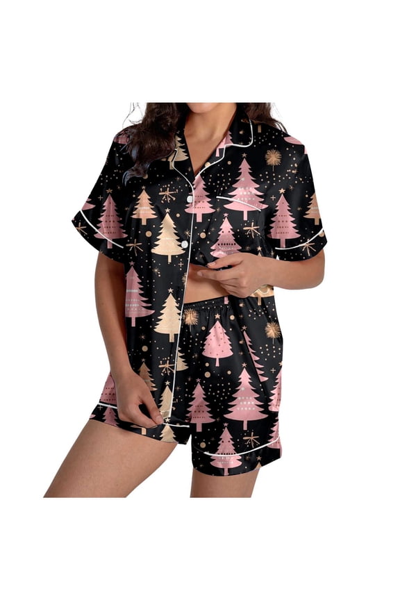 Ladies Christmas Christmas Tree Printed Silk Satin Short Sleeve Button Pajama Set Sleepwear Pyjamas Women Soft Loungewear