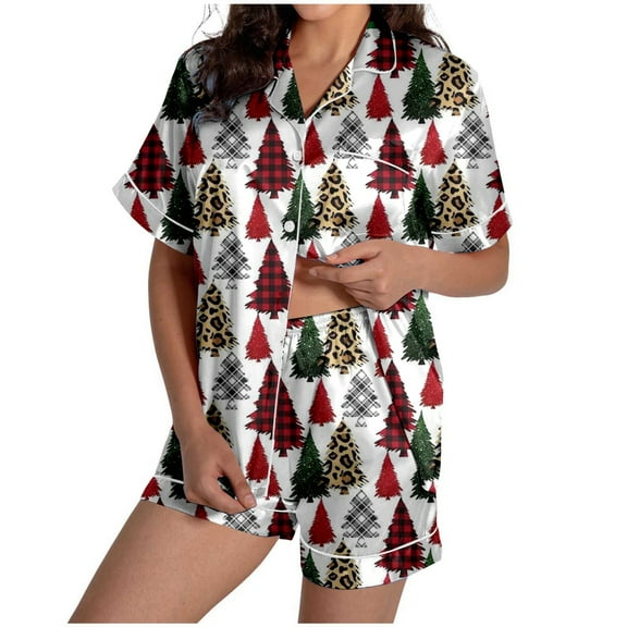 FUNDUFI Ladies Christmas Tree Printed Silk Satin Short Sleeve Button Sleepwear Pyjamas Women Set Comfort Homewear