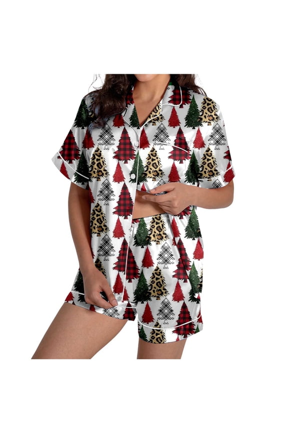 Ladies Christmas Tree Printed Silk Satin Short Sleeve Button Sleepwear Pyjamas Women Set Comfort Homewear