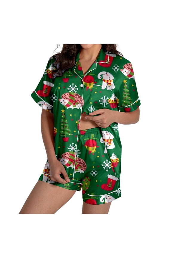 Ladies Christmas Tree Printed Silk Satin Short Sleeve Button Sleepwear Pyjamas Women Set Cozy Loungewear