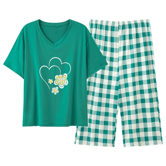 FUNDUFI Lounge Set For Women Short Sleeve Tops Capri Pants Oversized 2Pcs Pjs Set Comfy Sleepewar Outfit Cozy Nightwear