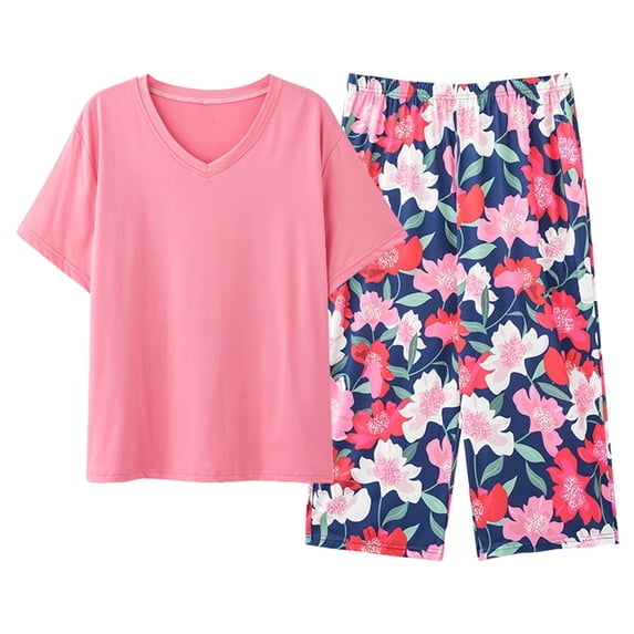 FUNDUFI Lounge Set For Women Short Sleeve Tops Capri Pants Oversized 2Pcs Pjs Set Comfy Sleepewar Outfit Summer Nightwear