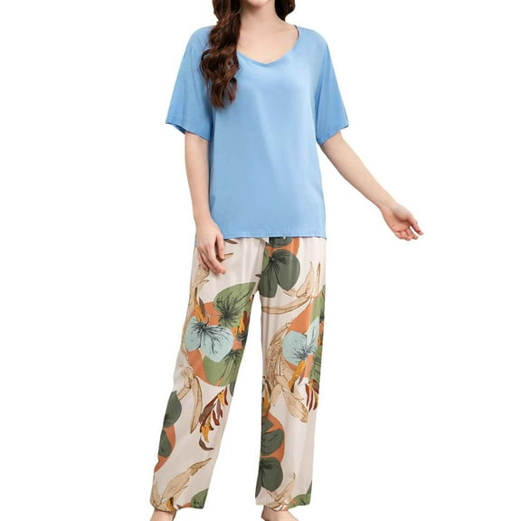 FUNDUFI Lounge Set For Women Short Sleeve Tops Long Pants Oversized 2Pcs Pjs Set Comfy Sleepewar Outfit Cozy Nightwear