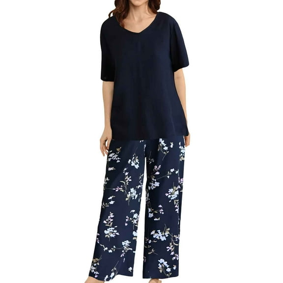 FUNDUFI Lounge Set For Women Short Sleeve Tops Long Pants Oversized 2Pcs Pjs Set Comfy Sleepewar Outfit Summer Nightwear