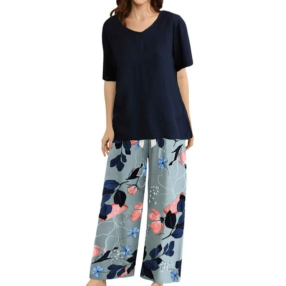 FUNDUFI Women'S Pajama Set Short Sleeve Floral Prints Pajama Tops With Sleepwear Long Pants Oversized 2Pcs Pjs Outfit Set Soft Lightweight Lounge Sets Comfy Homewear