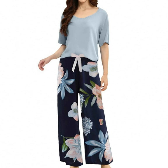 FUNDUFI Lounge Set For Women Short Sleeve Tops Long Pants Oversized 2Pcs Pjs Set Comfy Sleepewar Outfit Summer Nightwear