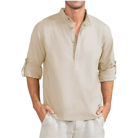 FUNDUFI Mens Linen Shirts Long Sleeve Casual Solid Color Oversized Cotton Linen Shirts For Men Soft Loose Fit Summer Shirt Tops Comfy Mens Dailywear