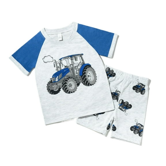 FUNDUFI Pajama Set For Boys Short Sleeve Cartoon Excavator Print Pajama Tops Shorts 2Pcs Pjs Sets Sleepwear Clothes Set For Boy Comfy Kids Homewear