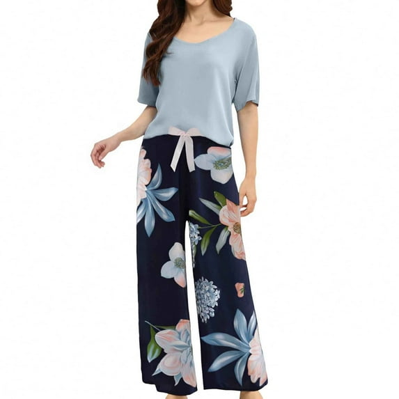 FUNDUFI Pajama Set For Women Short Sleeve Tops Long Pants Oversized 2Pcs Pjs Set Comfy Sleepewar Outfit Cozy Nightwear