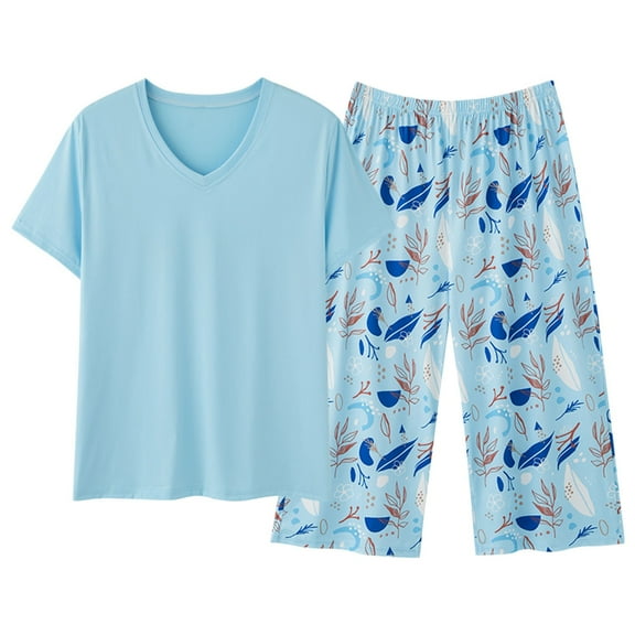 FUNDUFI Pajama Sets For Women Short Sleeve Floral Prints Pajama Tops With Sleepwear Capri Pants Oversized 2Pcs Pjs Outfit Set Soft Lightweight Lounge Sets Comfy Homewear