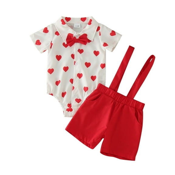FUNDUFI Toddler Baby Boy Clothes Sets Romantic Valentine'S Day Love Heart Printed Short Sleeve Romper Overalls Relaxed Fit Soft 2Pcs Outfit Sets Comfy Kids Clothing Set