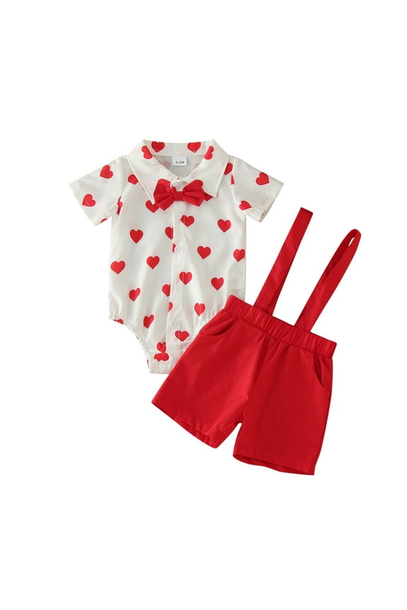 Toddler Baby Boy Clothes Sets Romantic Valentine'S Day Love Heart Printed Short Sleeve Romper Overalls Relaxed Fit Soft 2Pcs Outfit Sets Comfy Kids Clothing Set
