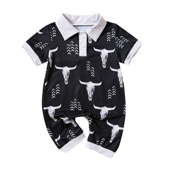 FUNDUFI Toddler Baby Boys Romper Jumpsuit Short Sleeve Cute Cartoon Cow Printed Lapel Romper Soft Loose Fit Jumpsuit Lovley Boys Clothes