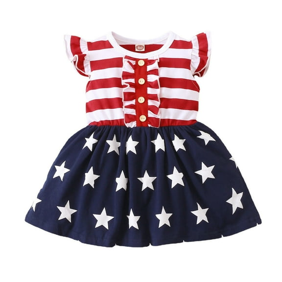 FUNDUFI Toodler Baby Dresses Ruffled Sleeve Patriotic 4Th Of July Usa Flag Star Striped Dress Soft Independence Day Summer Dresses Comfy Girl's Sundress