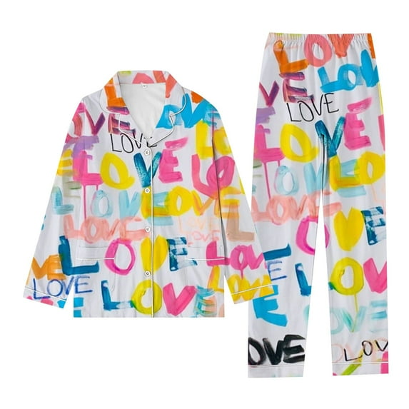FUNDUFI Women Casual Home Wear Valentine Day Letter Love Print Pajamas Long Sleeve Pants Set Sleepwear Pyjamas Comfort Nightwear