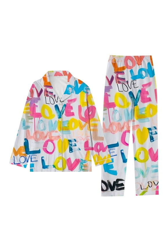 Women Casual Home Wear Valentine Day Letter Love Print Pajamas Long Sleeve Pants Set Sleepwear Pyjamas Soft Homewear