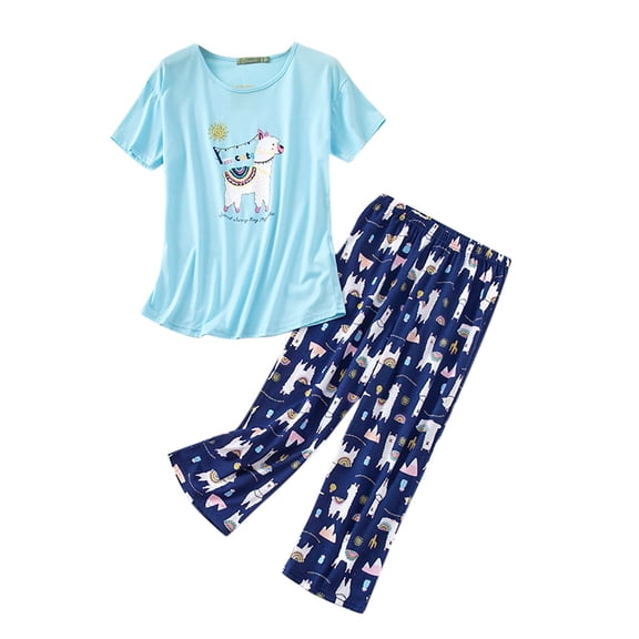 FUNDUFI Women Cotton Pajamas Set Short Sleeve Top Capri Pants Sleepwear Pyjamas Plus Size Cozy Homewear