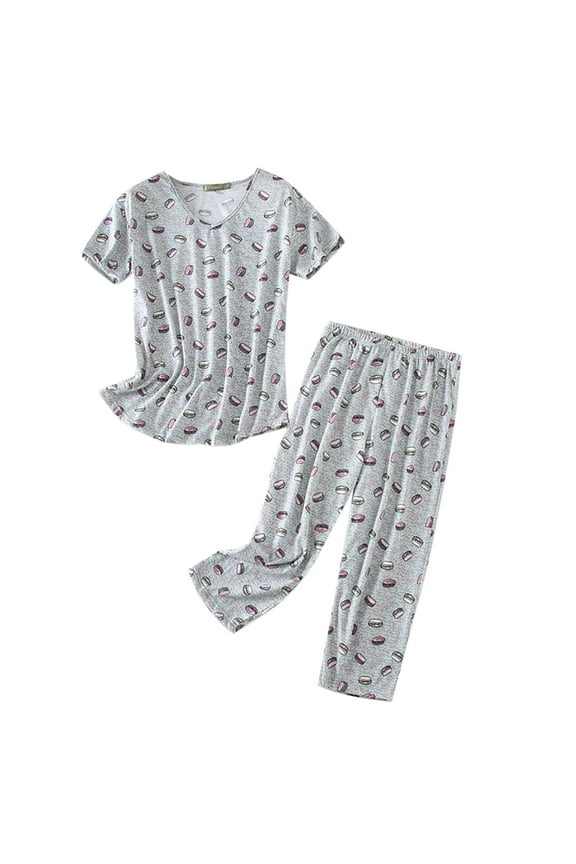 Women Cotton Pajamas Set Short Sleeve Top Capri Pants Sleepwear Pyjamas Plus Size Cozy Loungewear