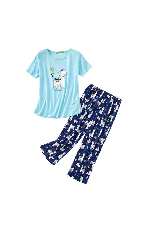 Women Cotton Pajamas Set Short Sleeve Top Capri Pants Sleepwear Pyjamas Plus Size Cozy Night-clothes