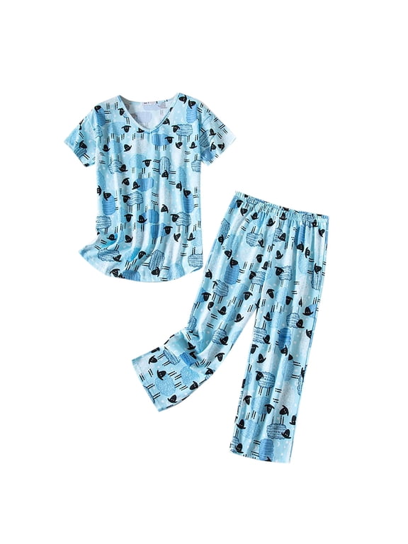 Women Cotton Pajamas Set Short Sleeve Top Capri Pants Sleepwear Pyjamas Plus Size Soft Loungewear