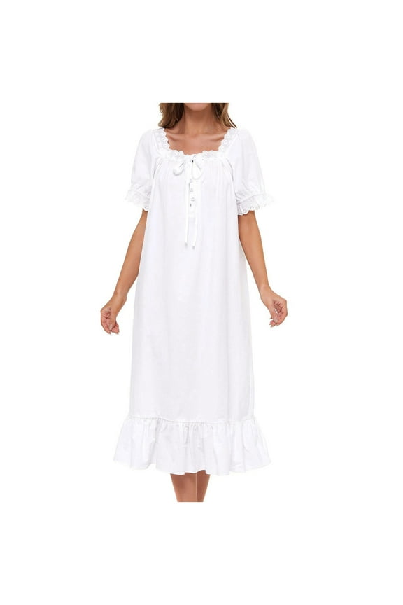Women Pajama Nightgown Cotton Sleepwear Pyjamas Long Loungewear Short Sleeve Vintage Soft Night-clothes