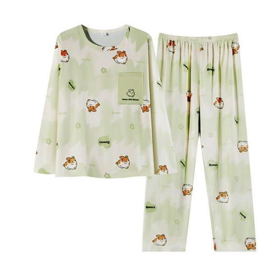 FUNDUFI Women Pajama Outfits Cute Sweet Animal Printed Long Sleeve Oversized Pajamas T-Shirt Stretchy Sleepwear Pants Breathable Loose Fit 2Pcs Homewear Pajama Sets Comfortable Sleep Clothes