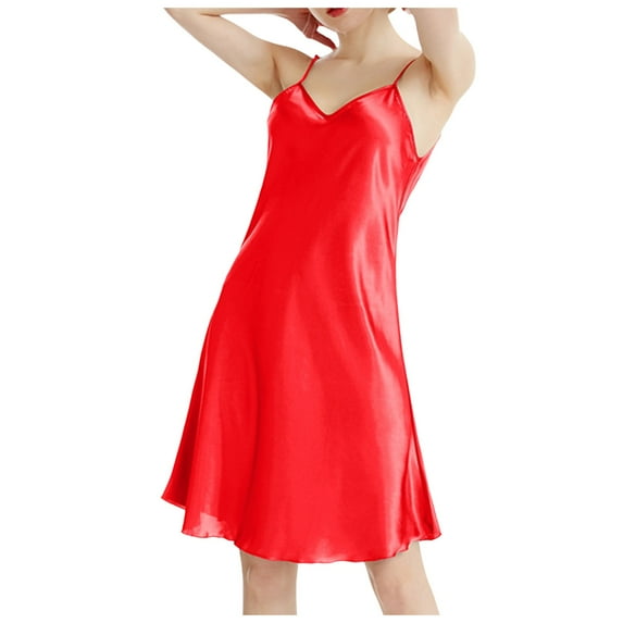 FUNDUFI Women Pajama Sexy Nightgowns V Neck Breathable Night Dress Satin Spaghetti Strap Chemise Nightshirt Sleepwear Pyjamas Soft Nightwear