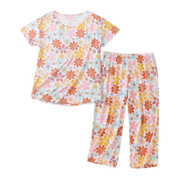 FUNDUFI Women Pajamas Sets Short Sleeve Casual Floral Printed Pajamas Stretchy Capri Pants 2Pcs Pjs Set Breathable Loose Fit Sleepwear Outfit Comfy Womens Homewear