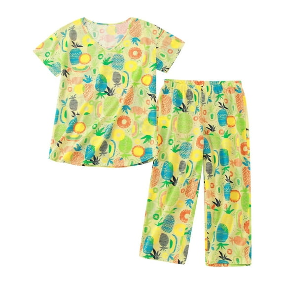 FUNDUFI Women Pajamas Sets Short Sleeve Casual Floral Printed Pajamas Stretchy Capri Pants 2Pcs Pjs Set Breathable Loose Fit Sleepwear Outfit Comfy Womens Homewear