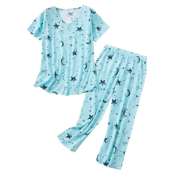 FUNDUFI Women Pajamas Sets Short Sleeve Casual Floral Printed Pajamas Stretchy Capri Pants 2Pcs Pjs Set Breathable Loose Fit Sleepwear Outfit Comfy Womens Homewear