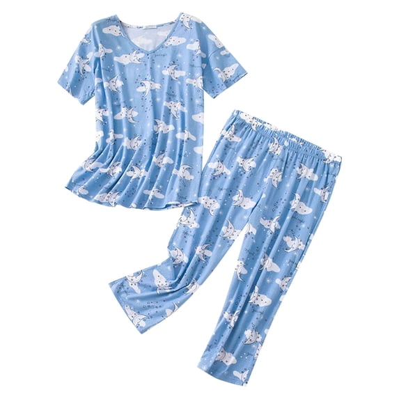 FUNDUFI Women Pajamas Sets Short Sleeve Casual Floral Printed Pajamas Stretchy Capri Pants 2Pcs Pjs Set Breathable Loose Fit Sleepwear Outfit Comfy Womens Homewear