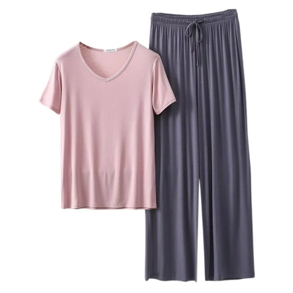 FUNDUFI Pajama Sets For Women Short Sleeve Solid Color Pajama Tops With Sleepwear Long Pants Oversized 2Pcs Pjs Outfit Set Soft Lightweight Lounge Sets Loose Homewear